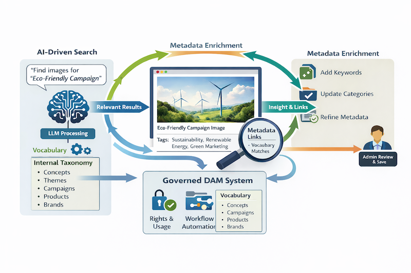 AI driven search metadata enhancement in DAMs image created by Chat GPT